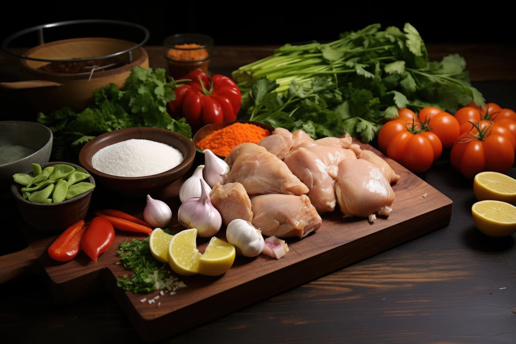 Butter chicken ingredients laid out: chicken, tomatoes, onions, spices and cream