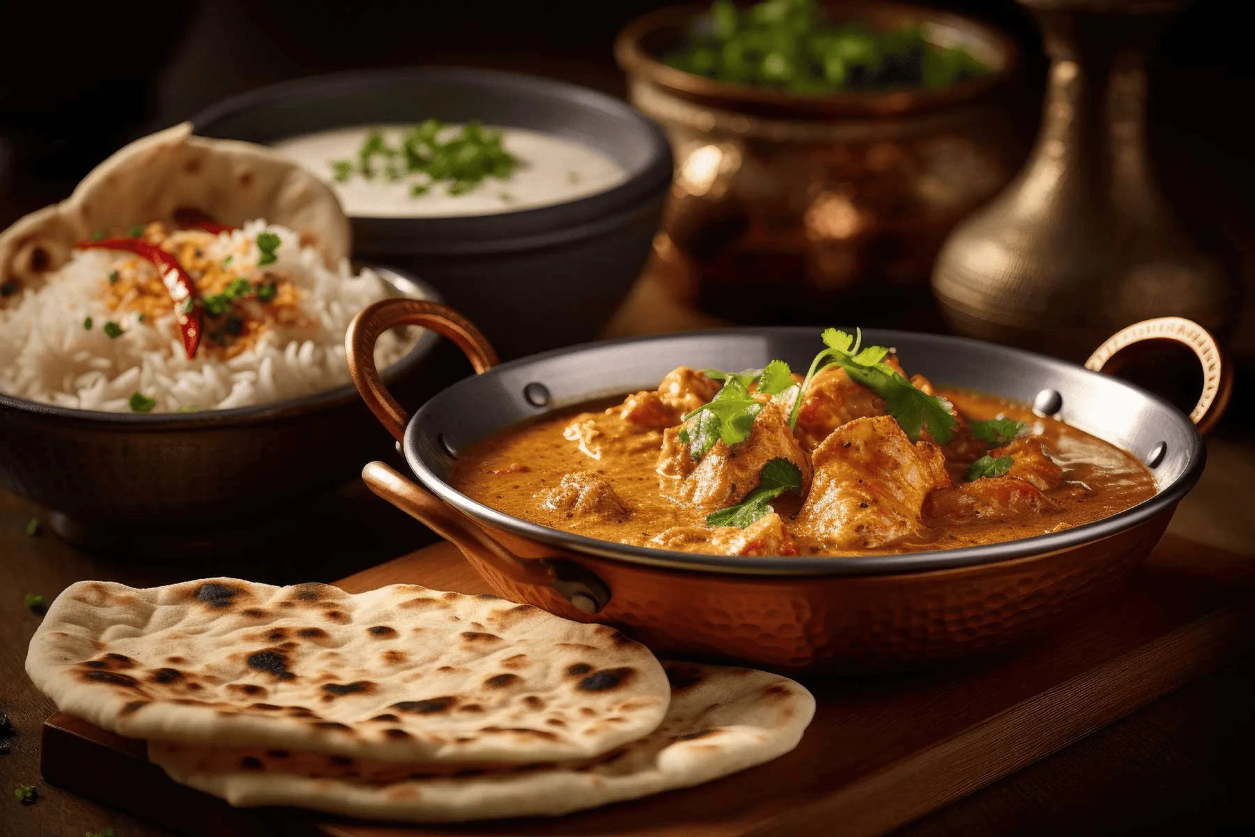 Indian takeaway containers of rice and curry beside a phone showing an online food order