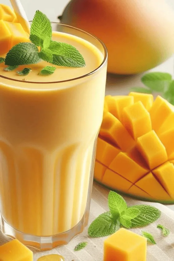 Glass of mango lassi served alongside a spiced Indian curry