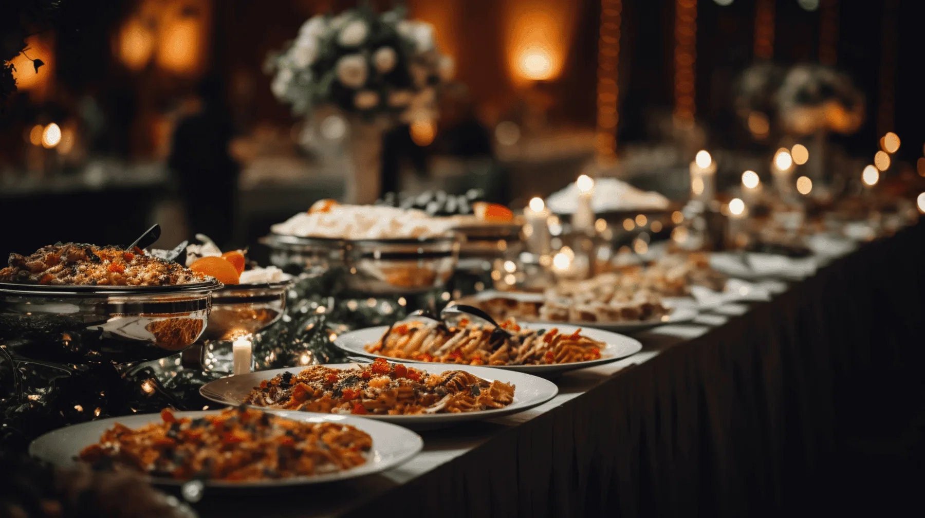 Indian wedding banquet of curries, rice and breads arranged on a long table