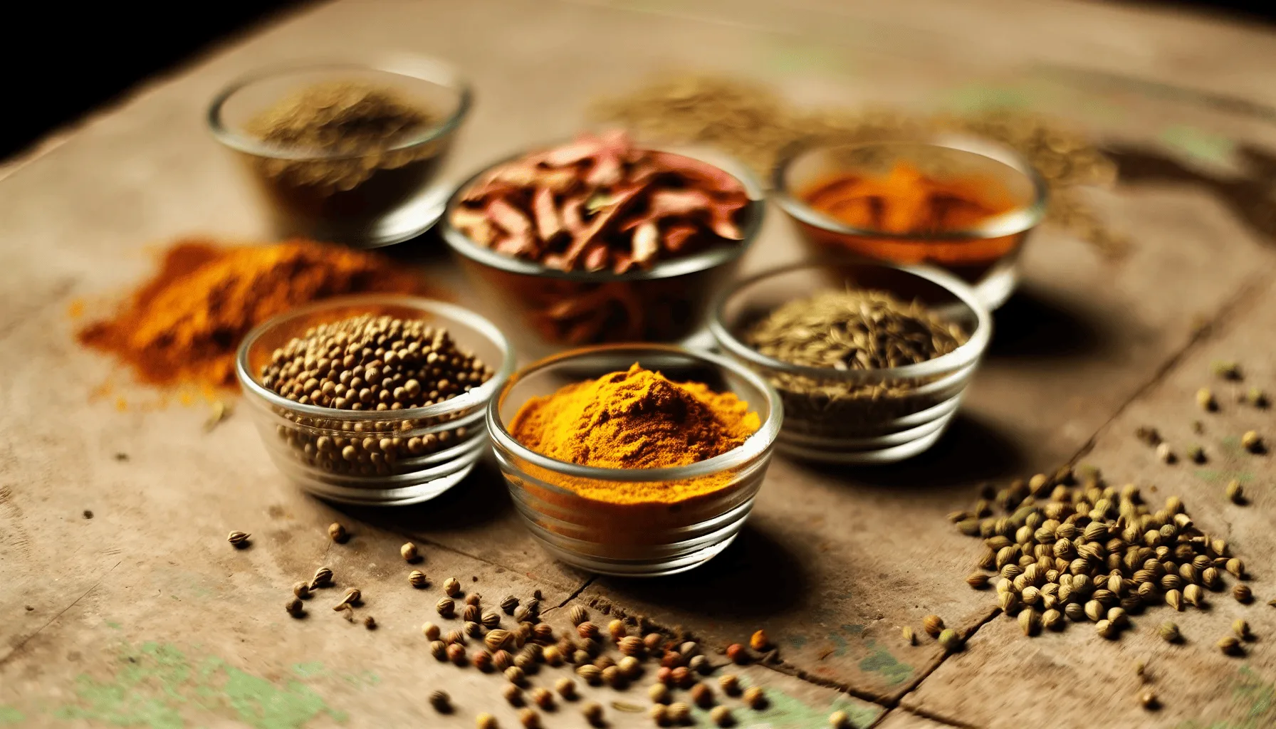 A selection of colourful Indian spices in small bowls