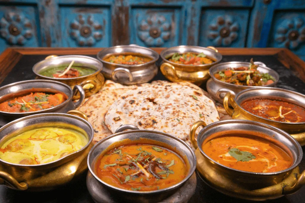 Indian buffet dishes in warming trays next to a plated Indian meal