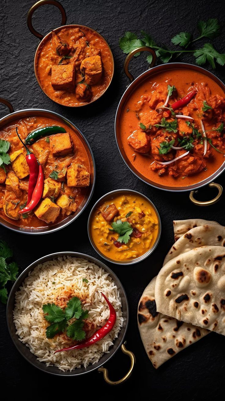 A North Indian curry served with rice and roti