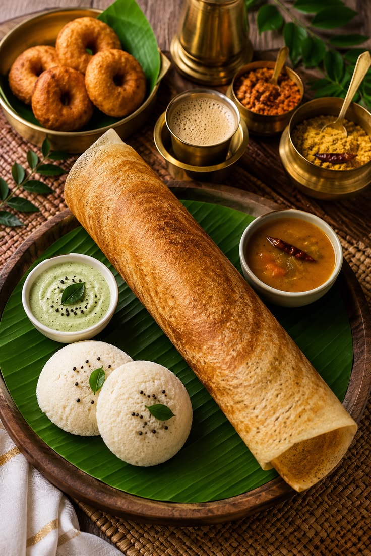 Dosa folded on a plate with coconut chutney, tamarind sauce and a bowl of sambar