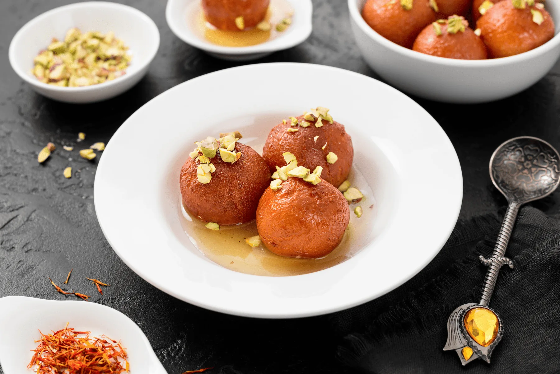 Gulab jamun in syrup, a classic Indian dessert