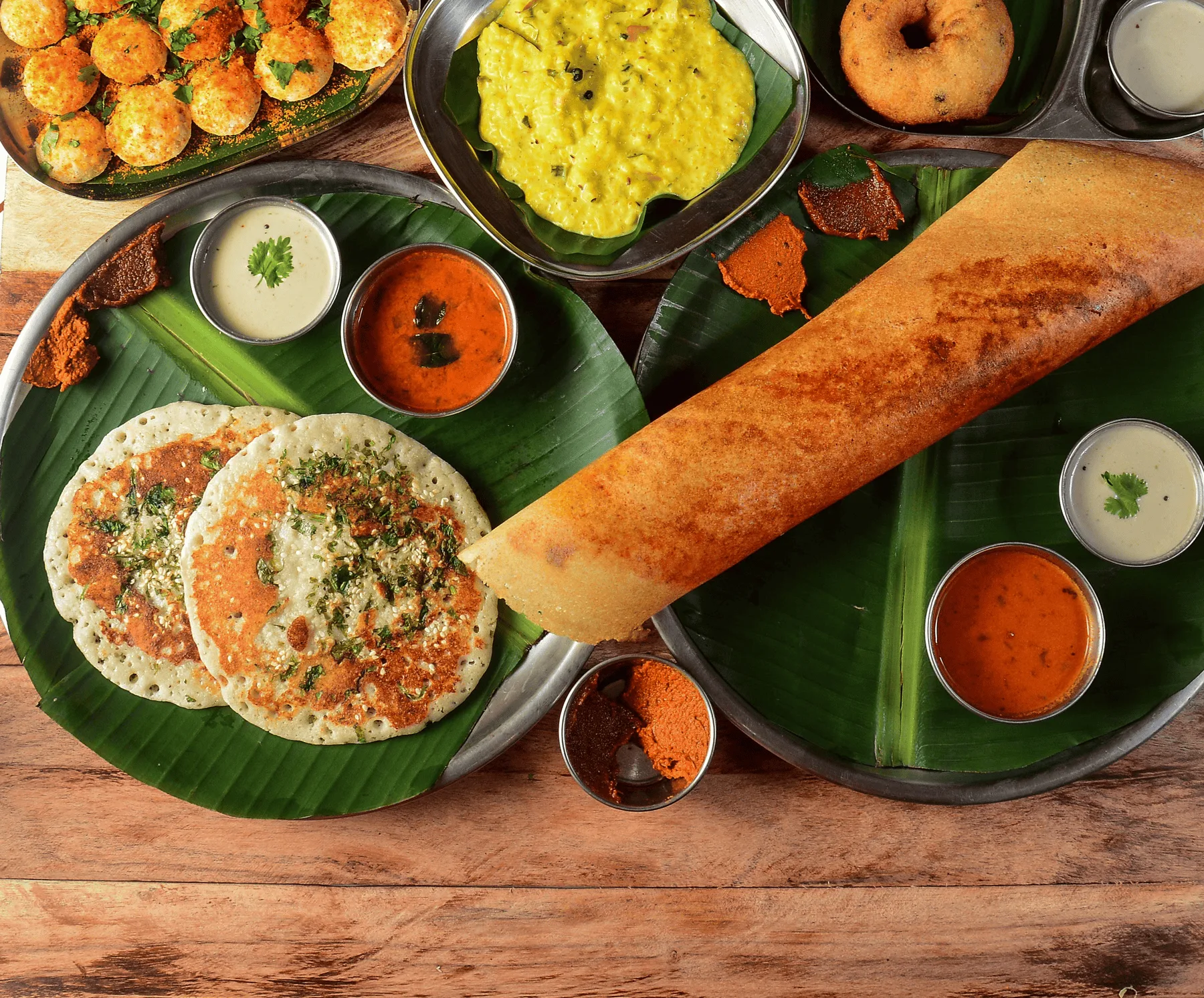 A healthy South Indian meal with dosa, chutneys and sambar