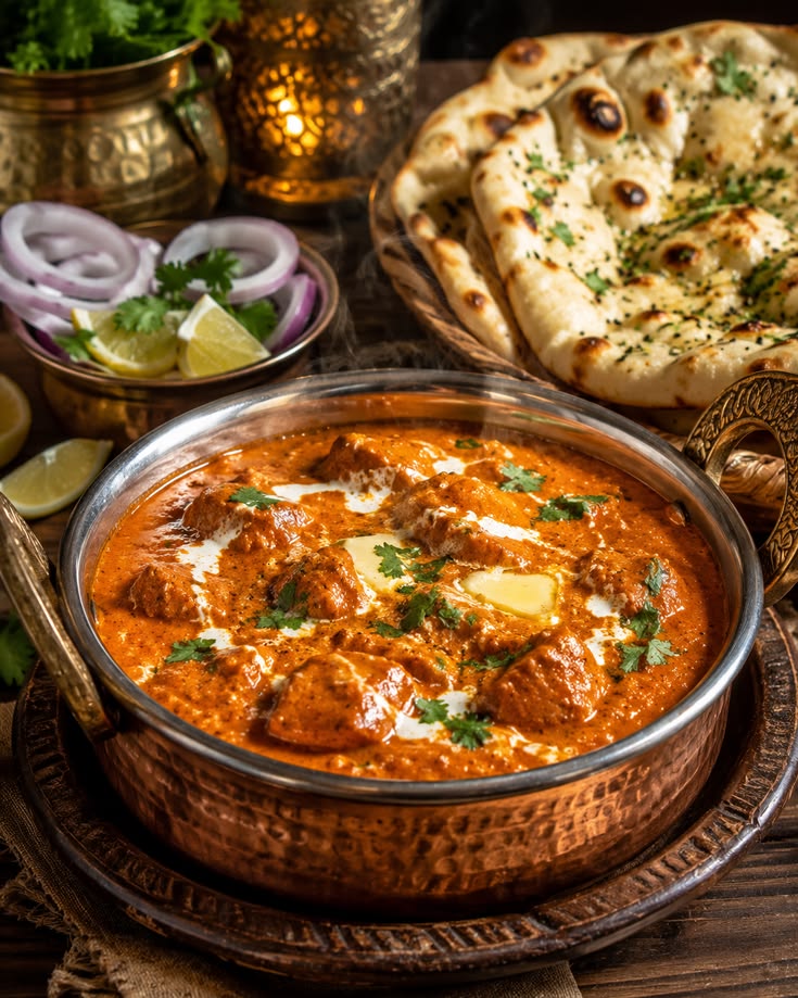 Naan bread torn open beside a bowl of Indian curry