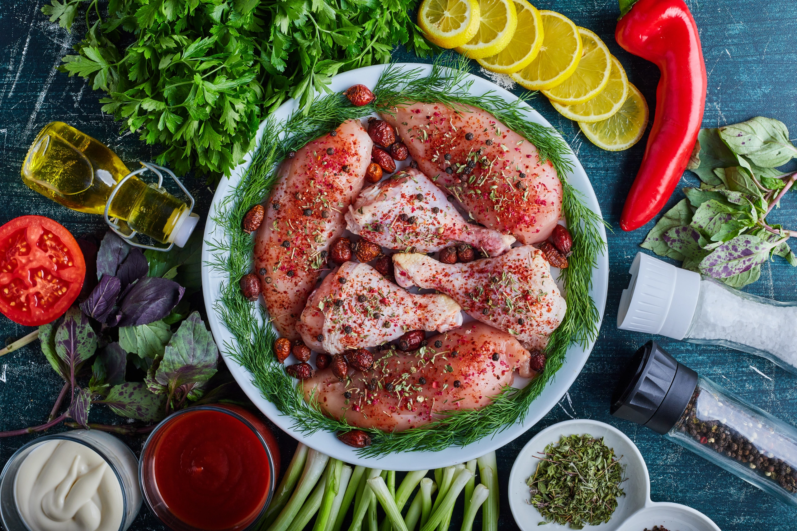 Fresh chicken pieces with herbs and spices before they go into the tandoor