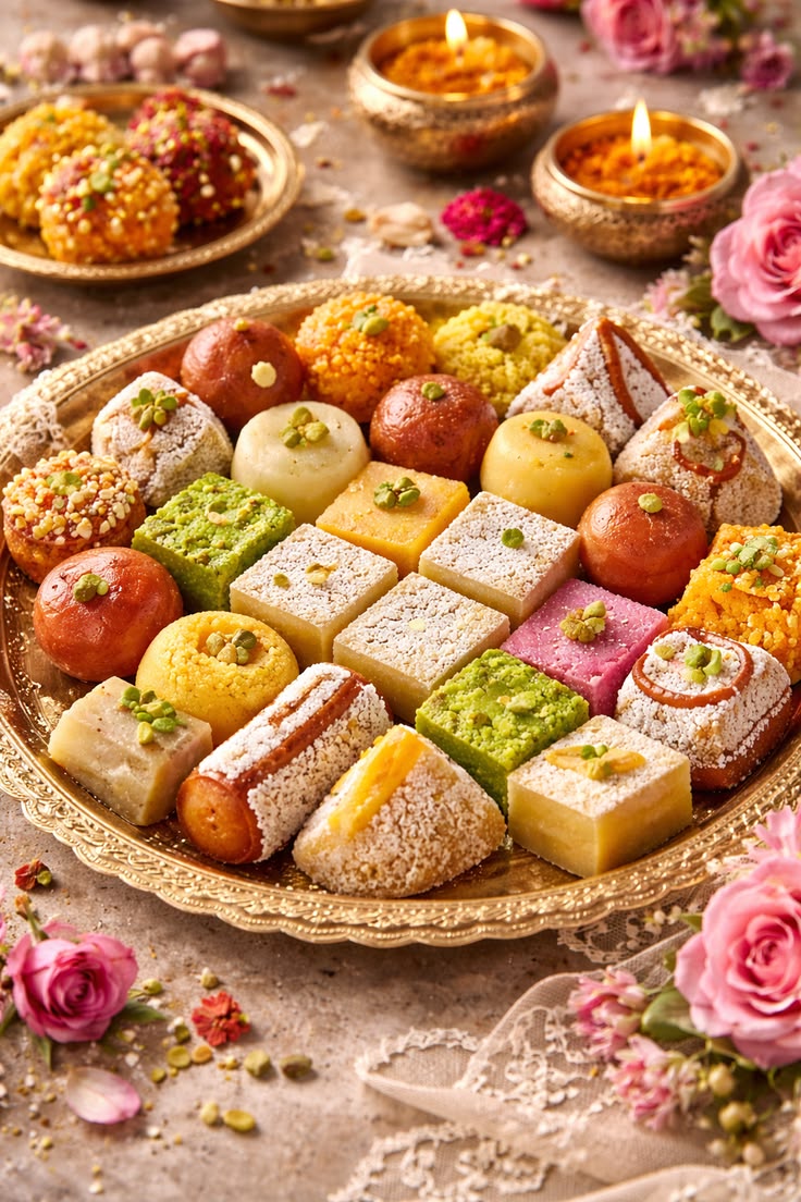 A gold platter of mixed Indian sweets, including laddu, gulab jamun and barfi